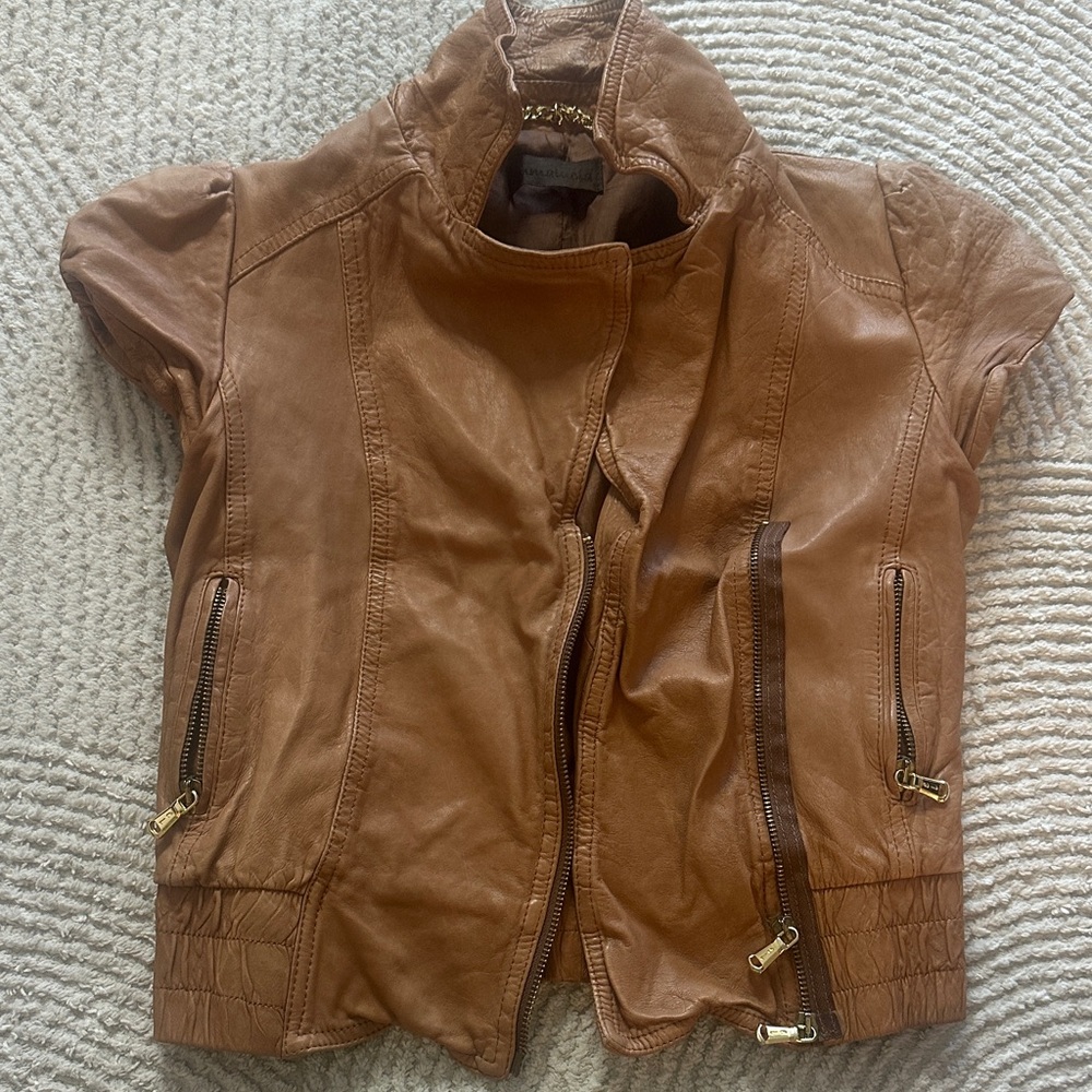 Cognac Brown Short-Sleeve Leather Jacket